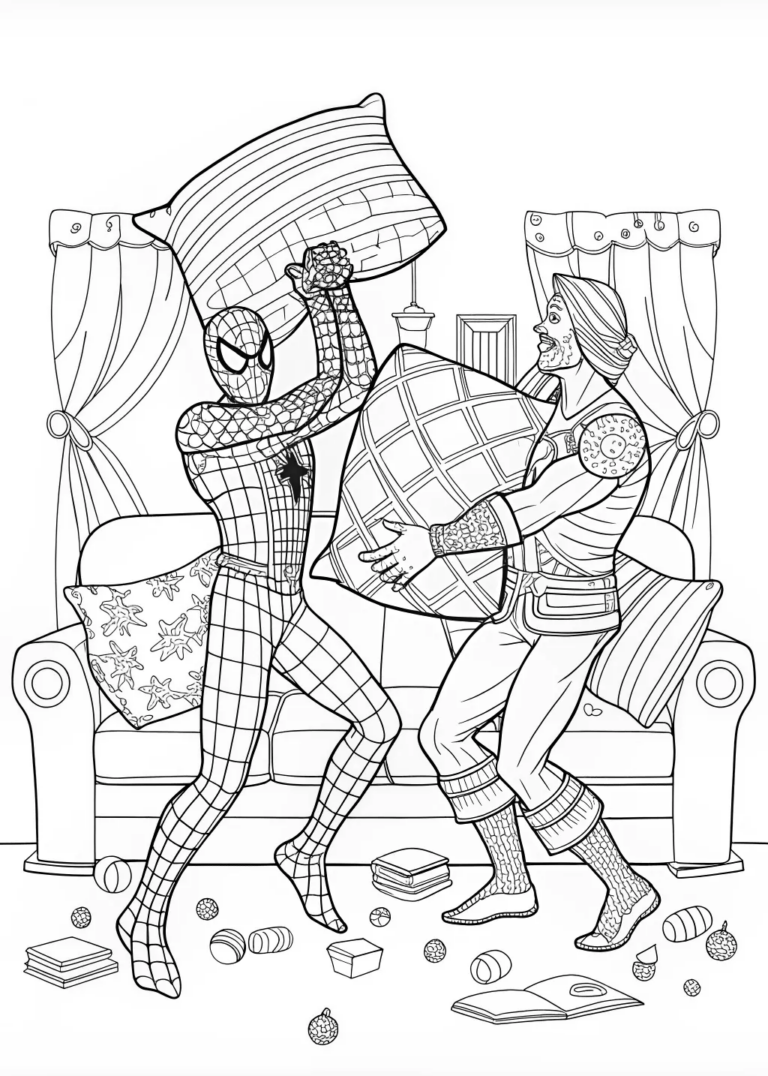 A coloring page of Spiderman’s Dynamic Pose Coloring Page