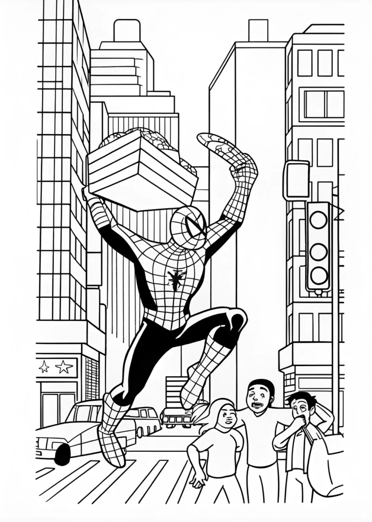 A coloring page of Spider-Man on a City Scooter Adventure