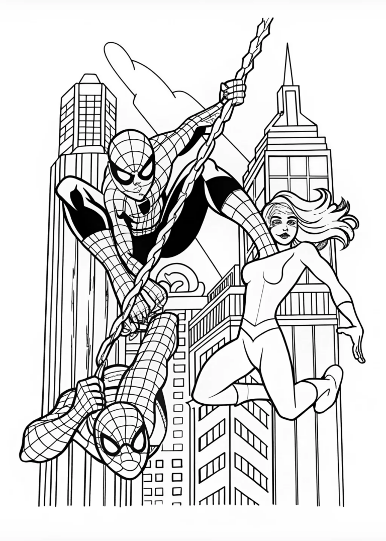 A coloring page of Spiderman running