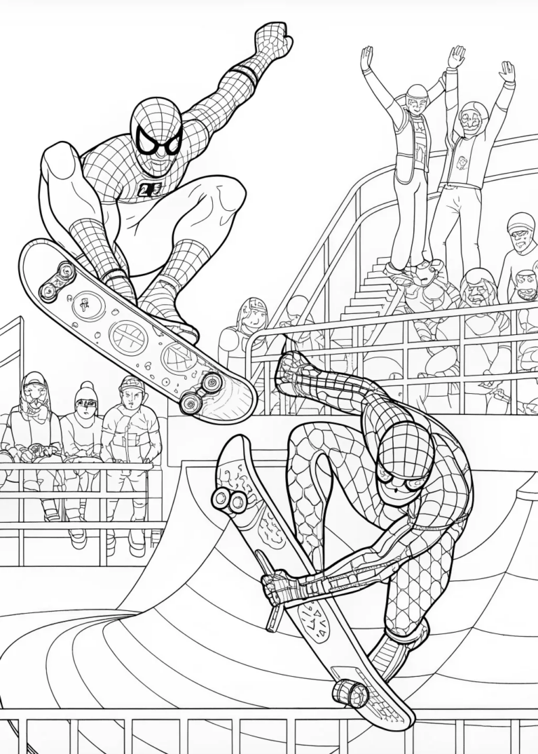 A coloring page of Spider-Man Skateboarding Adventure