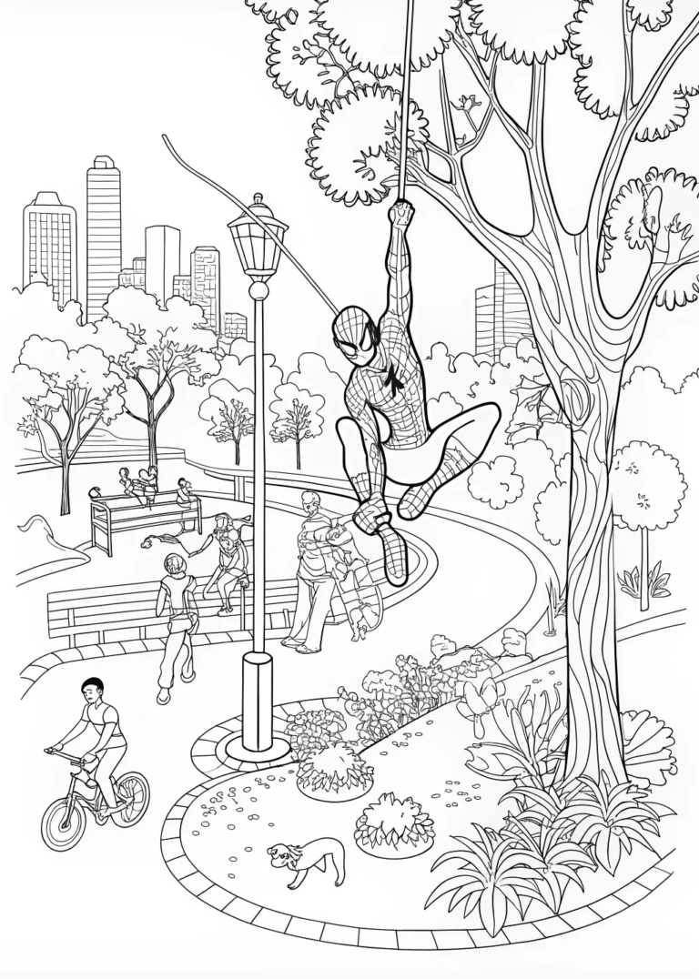 SpiderMan Swings Through the City Coloring Page Free & Printable