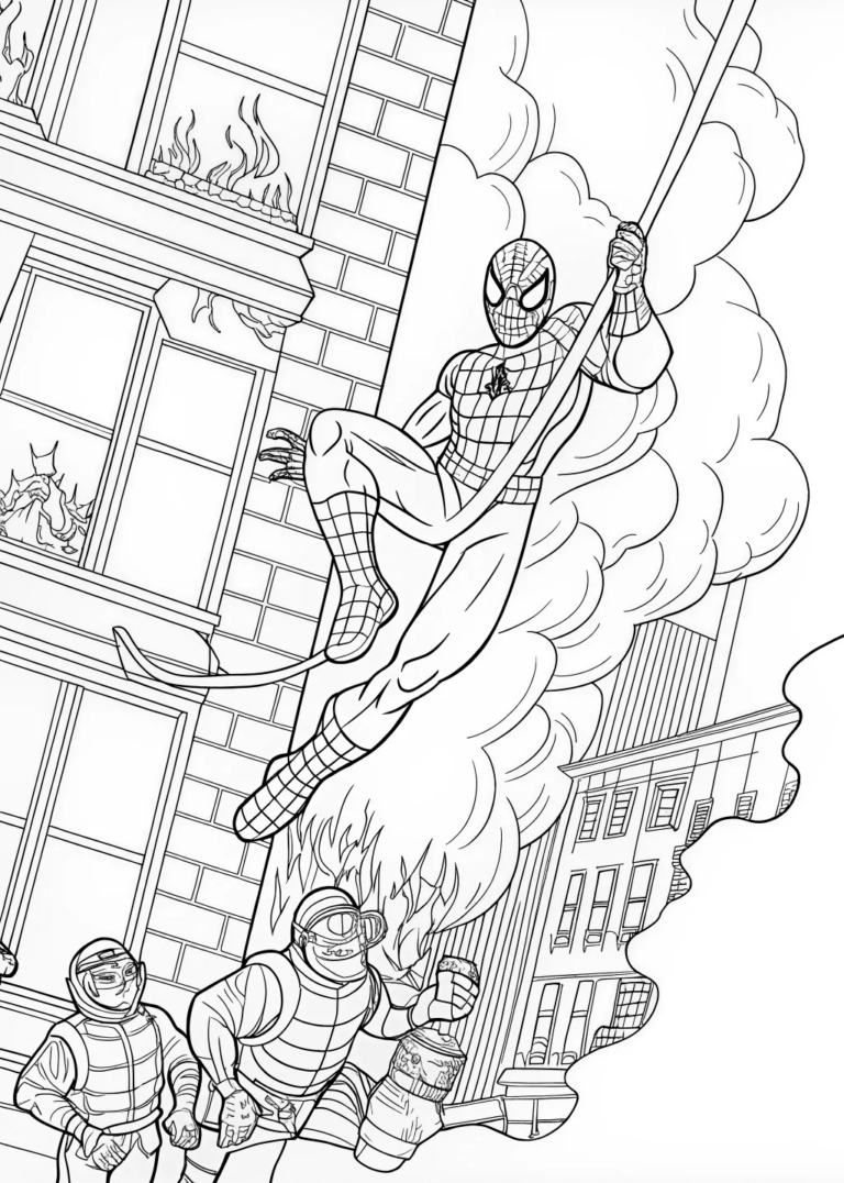 A coloring page of Spider-Man Leaping Through the City