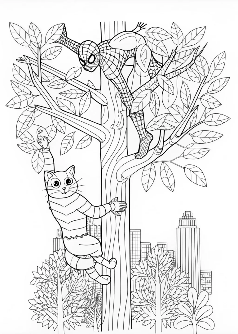 A coloring page of Spider-Man Swinging Through Trees