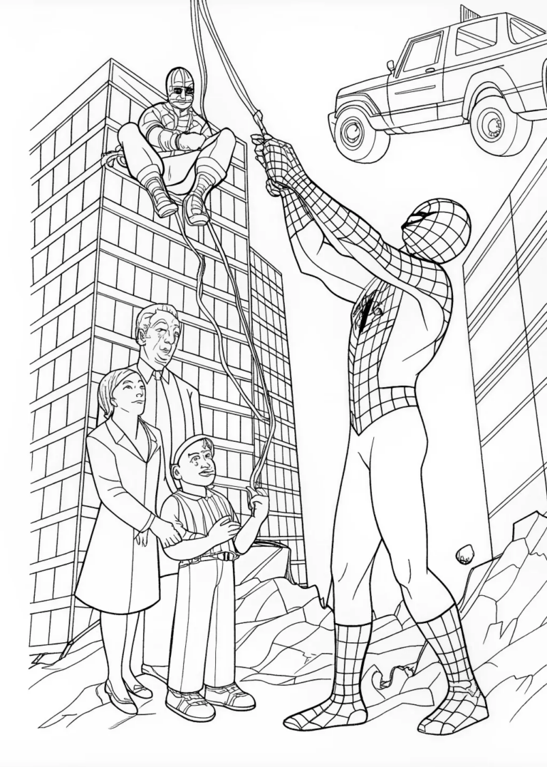 A coloring page of Spider-Man Soars Through the City Skylines