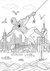 A coloring page of Spiderman over the Hudson River