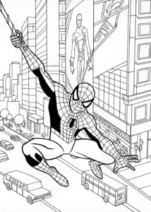 A coloring page of Spiderman in Times Square