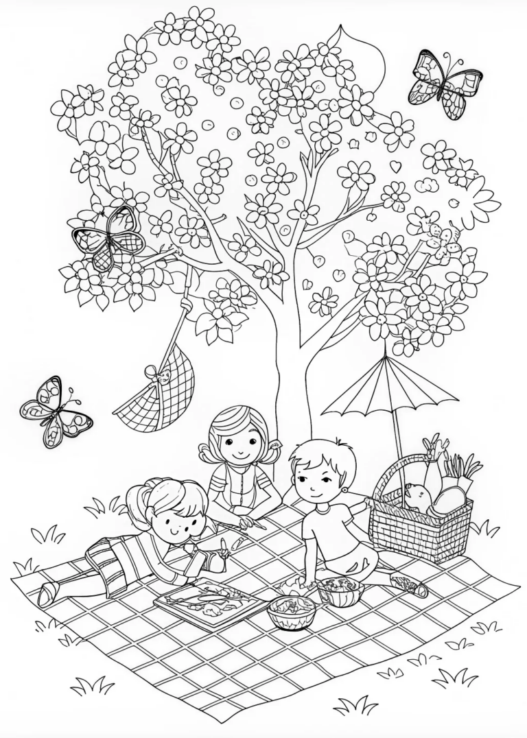 Spring Picnic with Friends Under the Blossoming Tree coloring pages