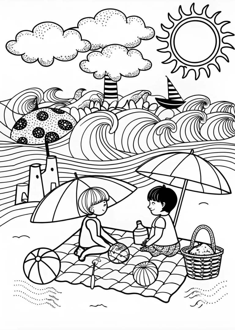 A coloring page of Beachside Bliss: Color the Sunrise Journey