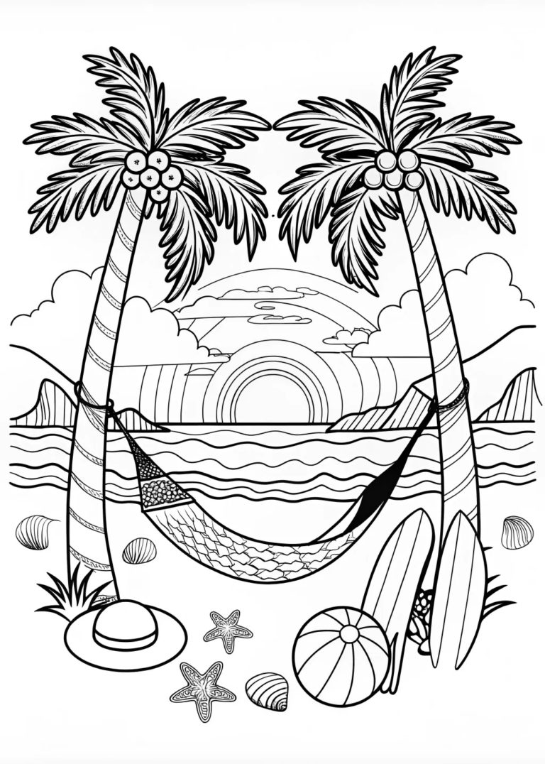 Sunrise at the Tropical Beach Coloring Page coloring pages