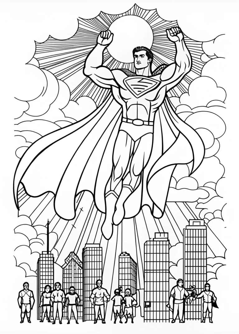 A coloring page of Superman Soars Over the Landscape Coloring Page