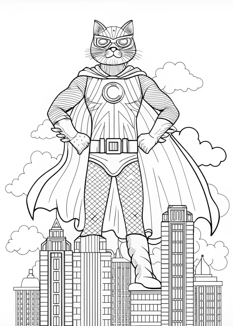 A coloring page of Supercat in the Mountains Coloring Page