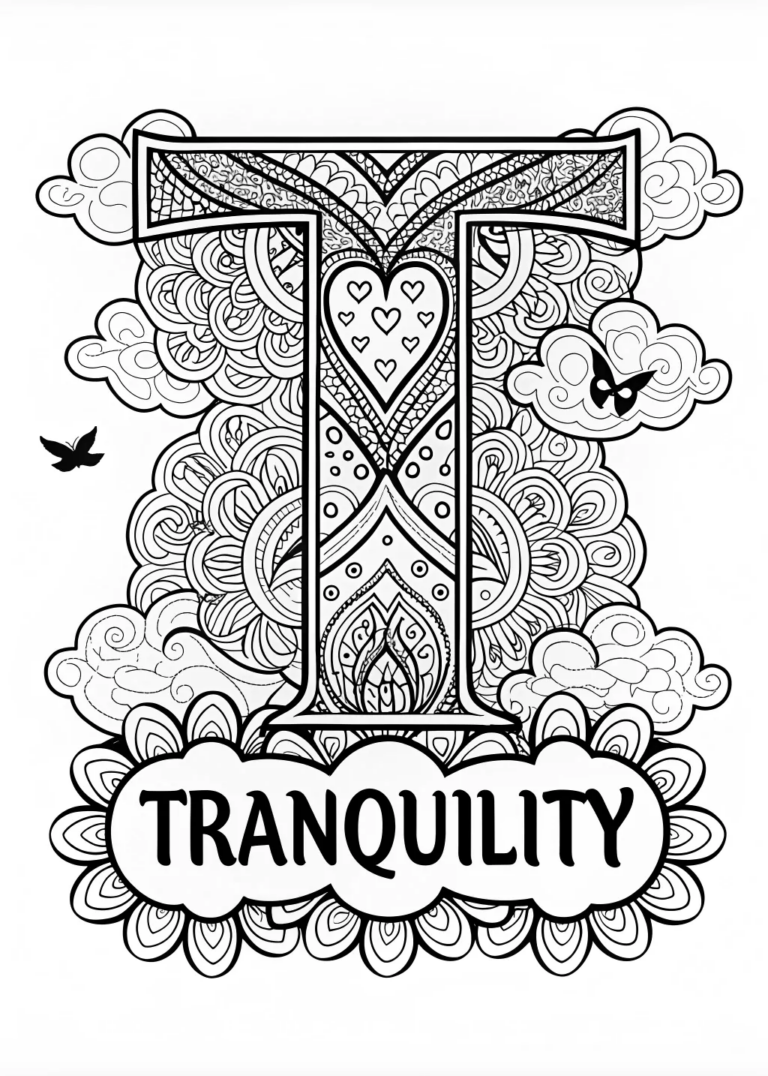 T is for Tranquility: Heart and Cloud Coloring Page coloring pages