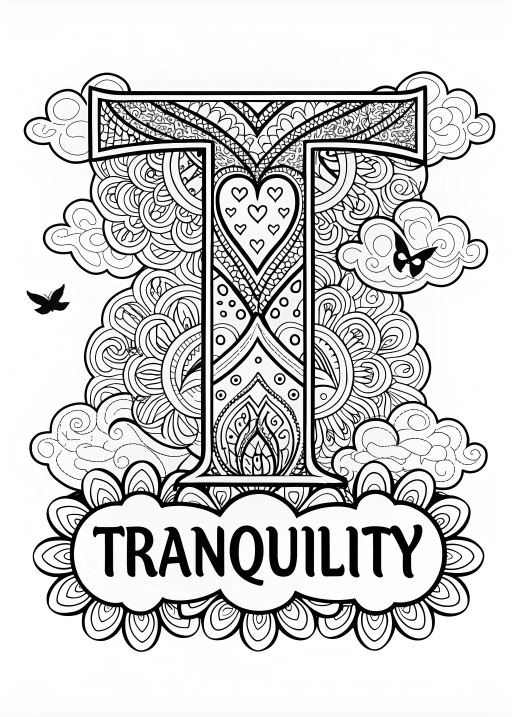 T is for Tranquility: Heart and Cloud Coloring Page