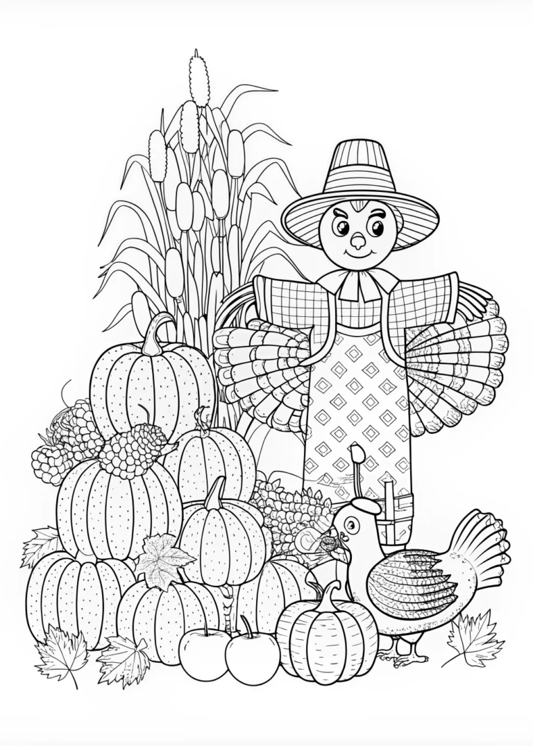 A coloring page of Thanksgiving Harvest with Scarecrow and Turkey