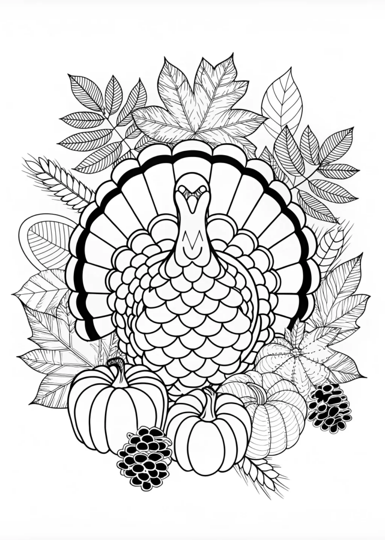 Thanksgiving Turkey and Autumn Leaves Coloring Page coloring pages