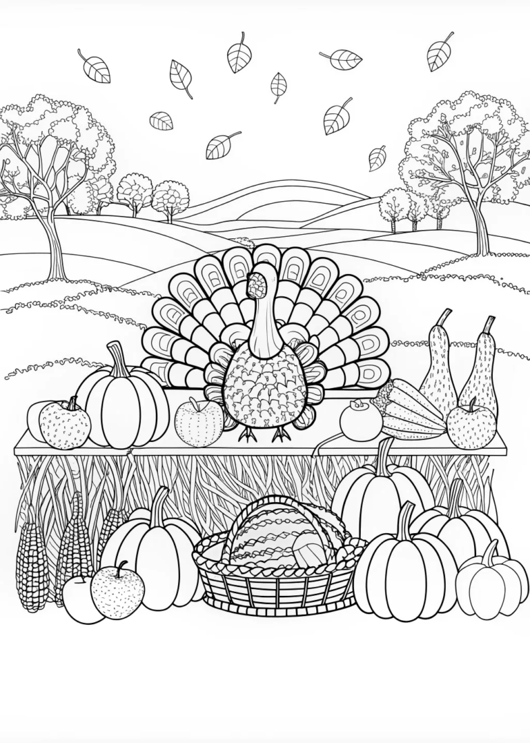 A coloring page of Thanksgiving Turkey and Harvest Scene