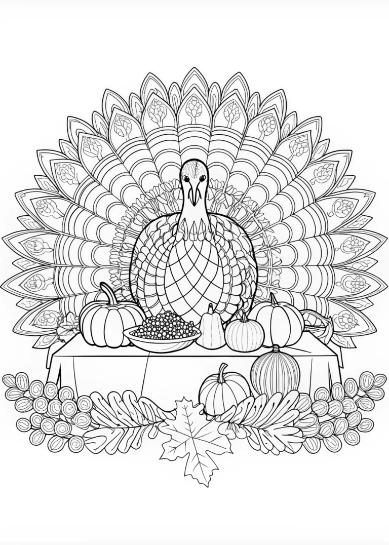 A coloring page of Thanksgiving Turkey and Pumpkin Delight Coloring Page