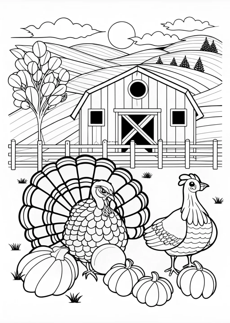 A coloring page of Thanksgiving Turkey on the Farm