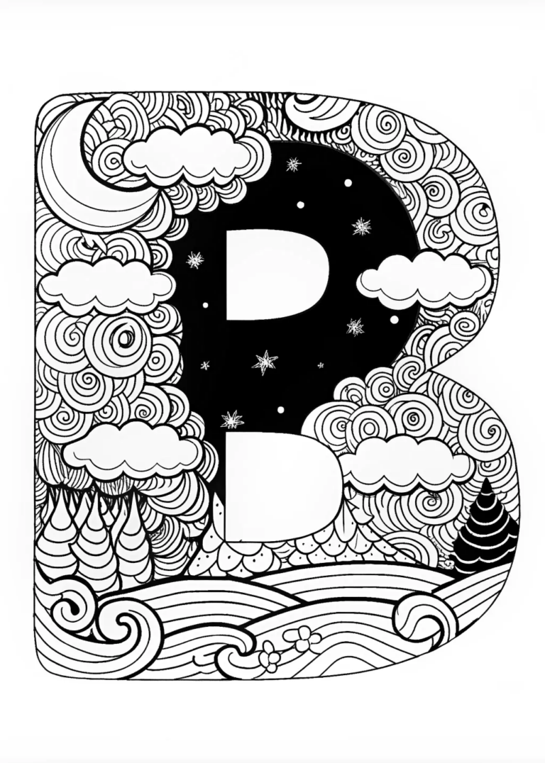 A coloring page of The Letter B: A Starry Night Coloring Page