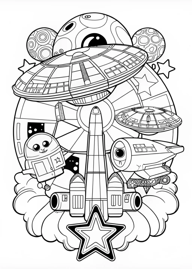 A coloring page of Spaceship Adventure in Outer Space