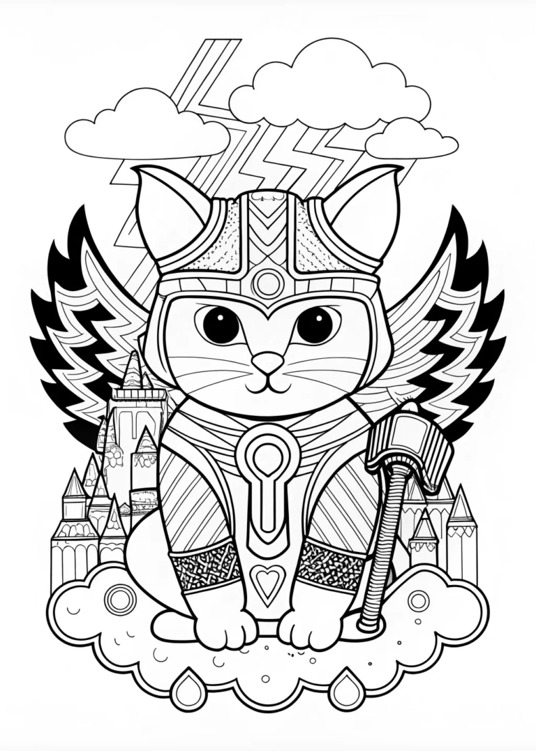 A coloring page of Robo-Cat Adventure in Rainbow Valley