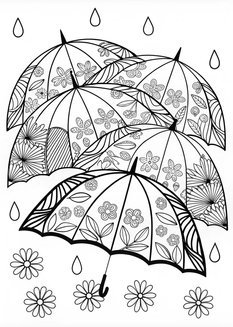 A coloring page of Umbrella Blossoms in the Spring Rain