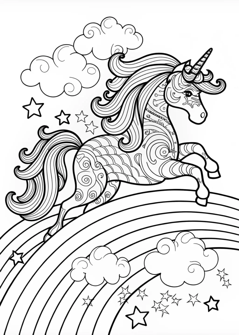 Majestic Unicorn Under the Rainbow coloring pages