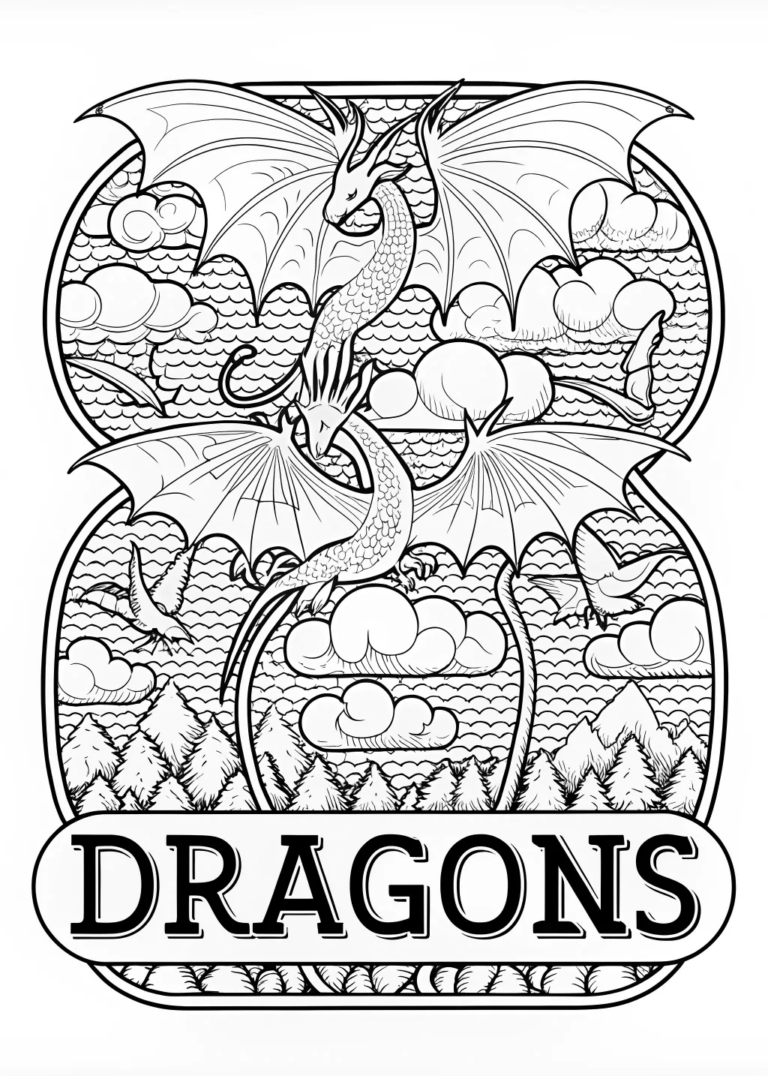 A coloring page of Dragon’s Cosmic Flight