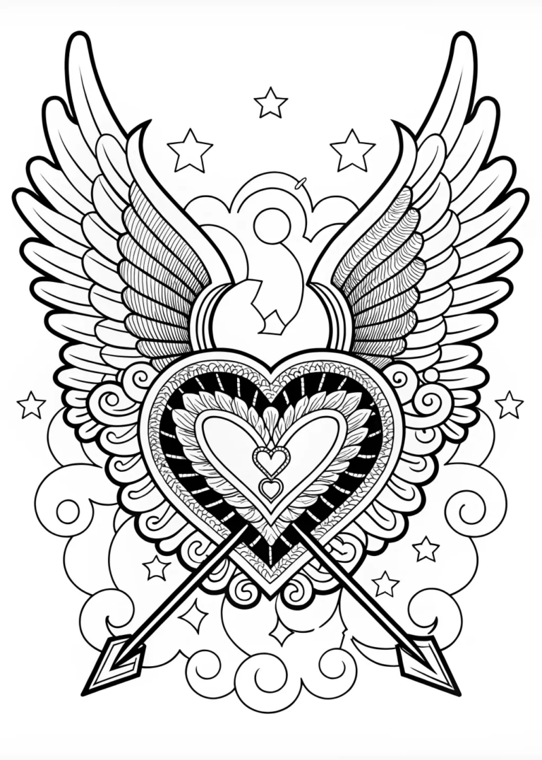 Winged Heart with Arrow Coloring Page coloring pages