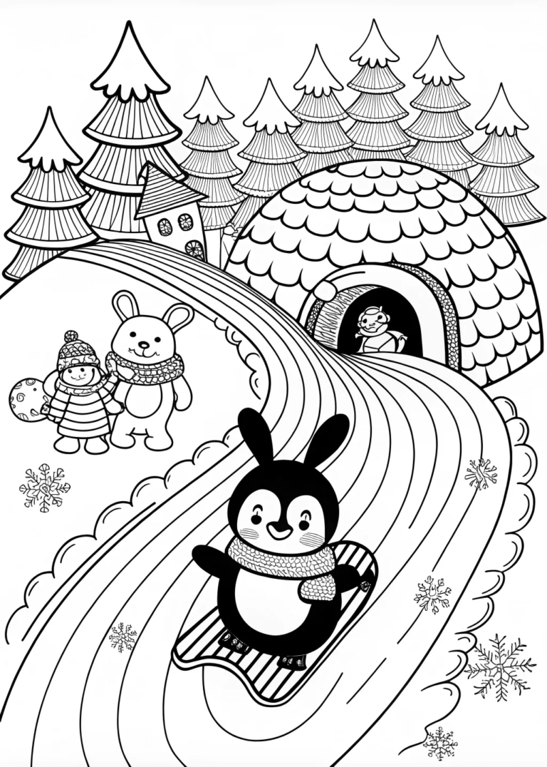 A coloring page of Winter Wonderland with Percy the Penguin