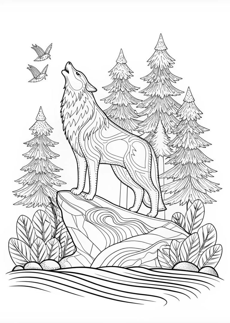 A coloring page of Majestic Wolf Coloring Page