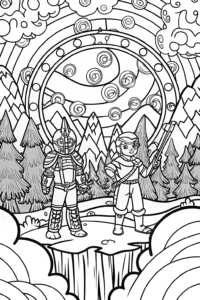 A coloring page of Mystical Rift Guardians: Valor and Adventure Await!