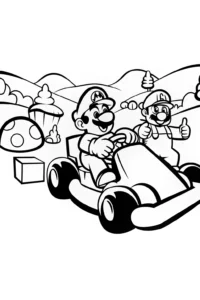 A coloring page of Mushroom Kingdom Race Day with Mario and Luigi!