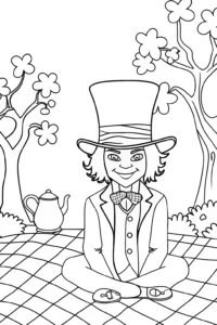 A coloring page of Tea Party with the Mad Hatter in the Enchanted Garden