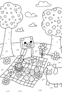A coloring page of Creeper’s Garden Party with Friends and Treats