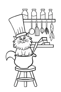 A coloring page of Chef Meow’s Culinary Adventure Coloring Page