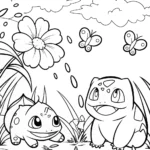 Bulbasaur and Caterpie Garden Coloring Page