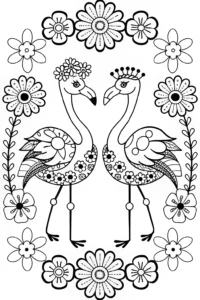 A coloring page of Flamingo Fashionistas in a Floral Wonderland