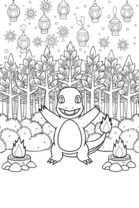 A coloring page of Charmander’s Firefly Festival Coloring Page