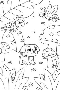 A coloring page of Puppy Explorers in the Enchanted Forest Coloring Page