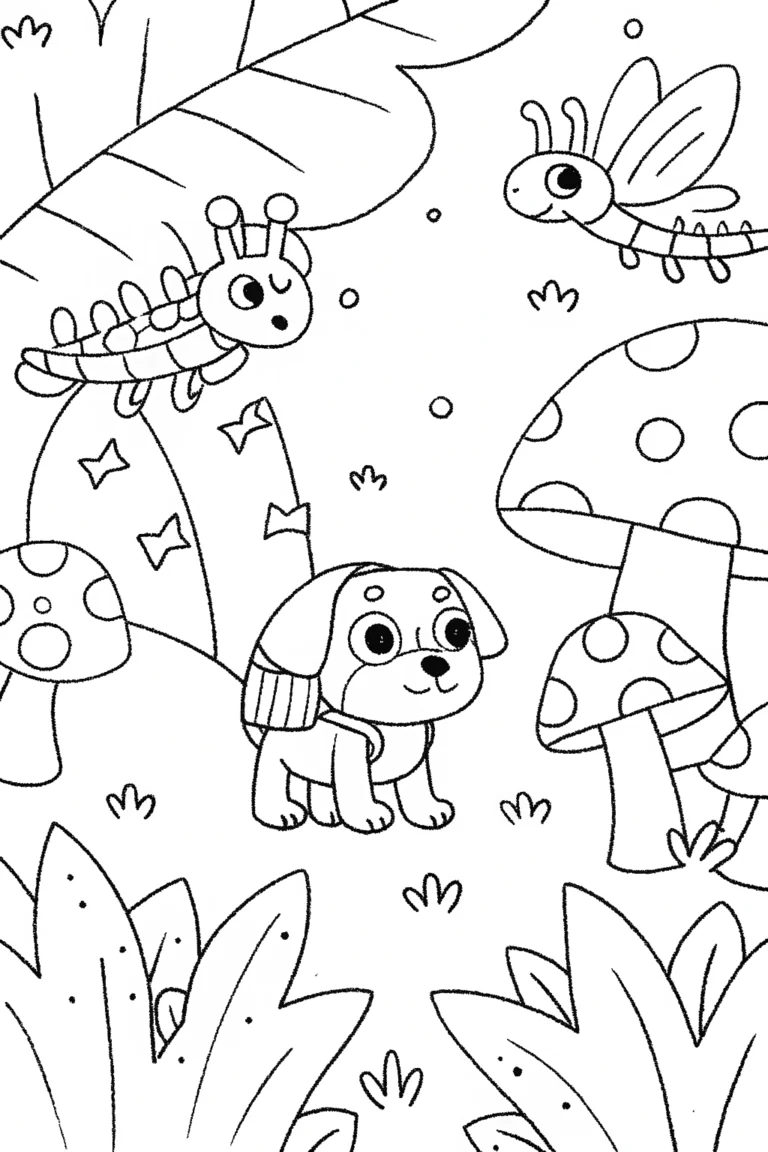 Puppy Explorers in the Enchanted Forest Coloring Page coloring pages