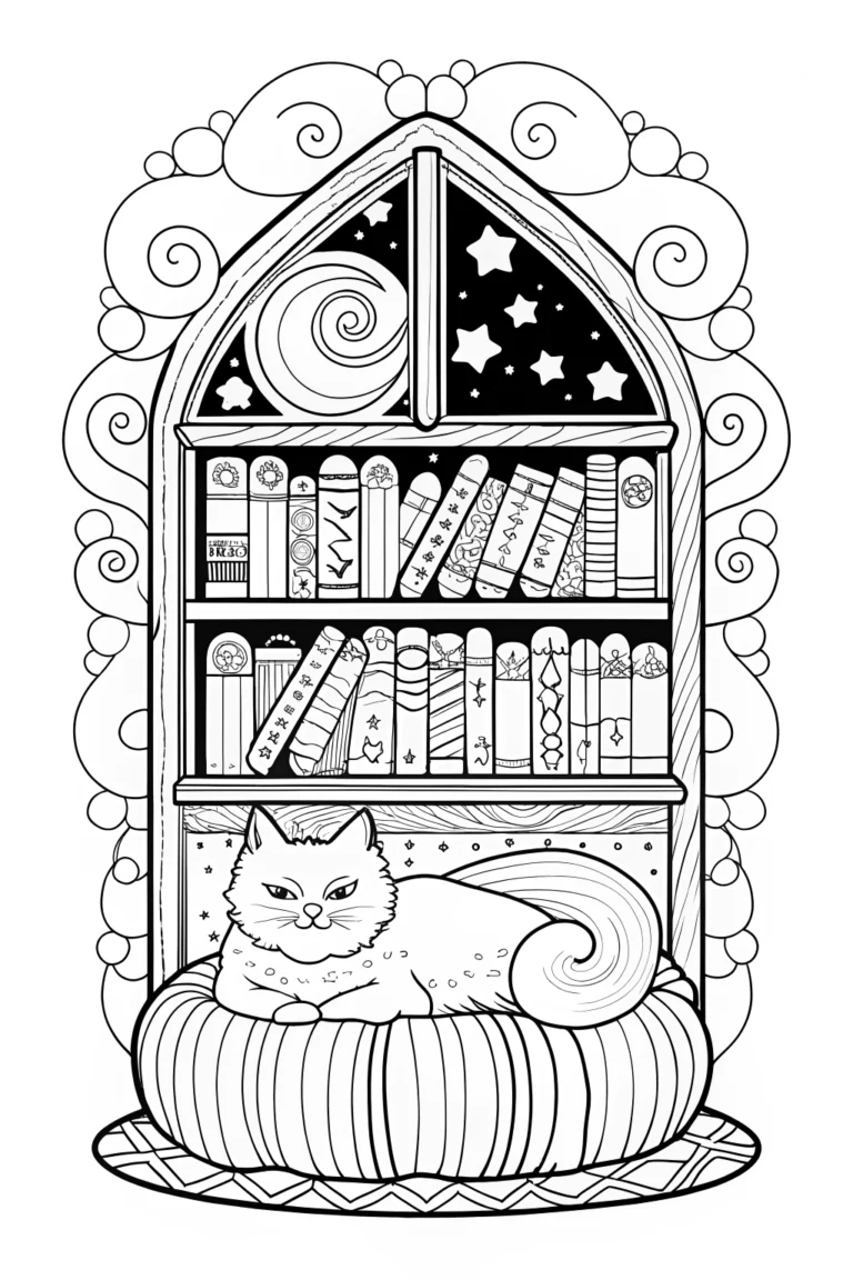 Pudding the Cat’s Cozy Book Nook Coloring Page coloring pages