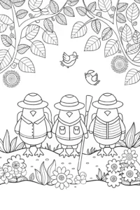 A coloring page of Chickens on a Treasure Hunt Coloring Page