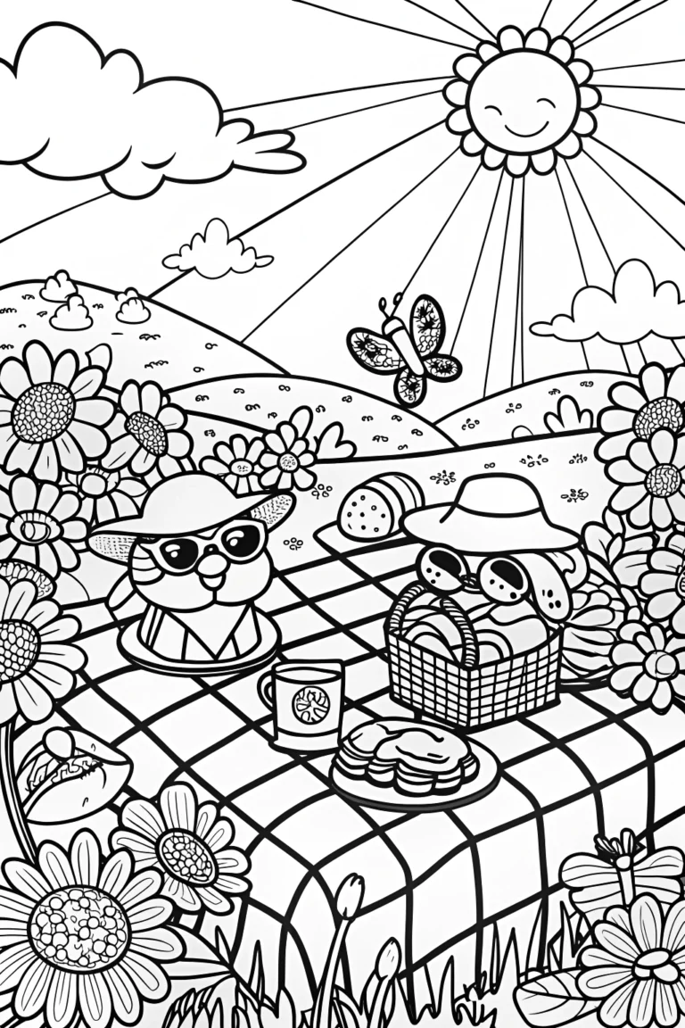 Whimsical Flower Picnic Coloring Page coloring pages
