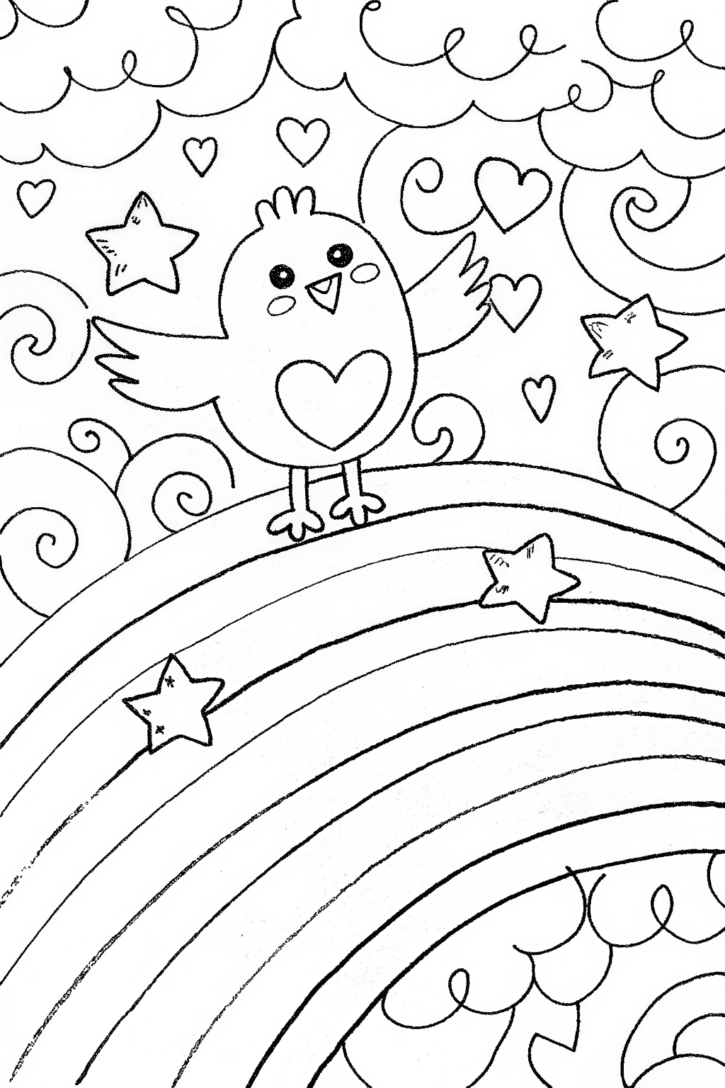 Chick’s Adventure on a Rainbow Coloring Page