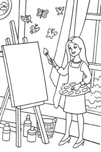 A coloring page of Barbie’s Whimsical Art Studio Coloring Page