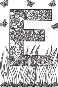 A coloring page of Letter ‘E’ in the Enchanted Garden Coloring Page