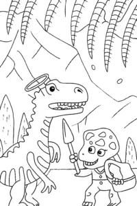 A coloring page of Dinosaur Adventurers in the Fossil Cavern Coloring Page