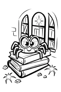 A coloring page of Spider’s Enchanted Book Nook Coloring Page