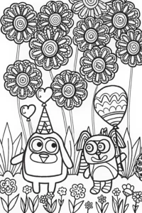 A coloring page of Bluey and Bingo’s Garden Parade Coloring Page